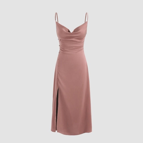 Solid Cowl Neck Slit Midi Dress - Picture 1 of 7